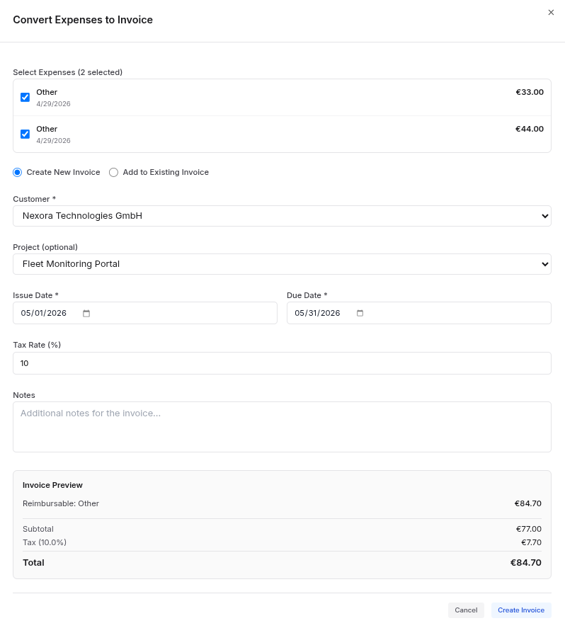 Add to invoice — selection